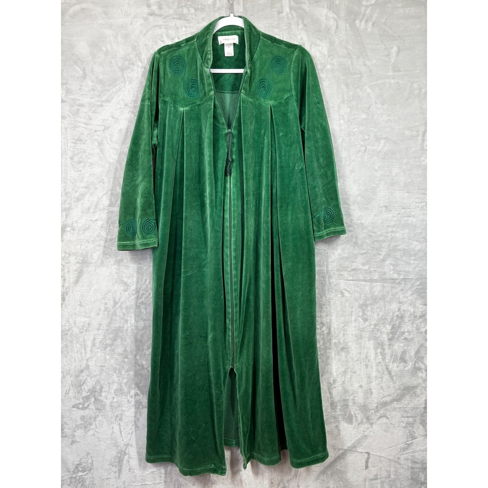 Cabernet Green Velvet Velour Zip Front Long Robe Housecoat Embroidered Small
